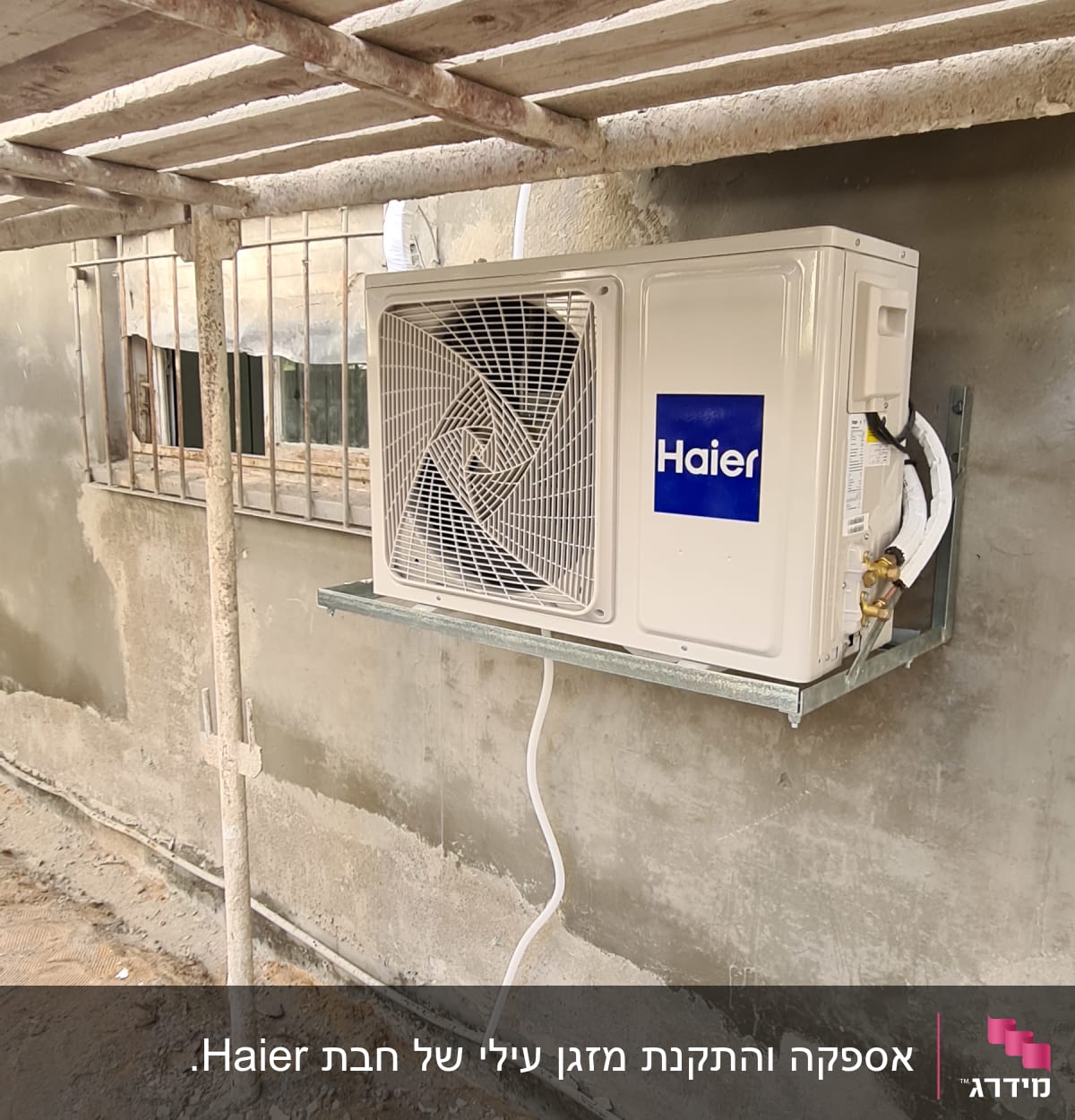 יחידת מיזוג אוויר חיצונית מותקנת על קיר בטון.